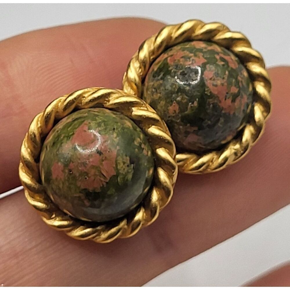 Jasper Gemstone Gold Rope 80s Stud Earrings Signed Carolee 0.6in